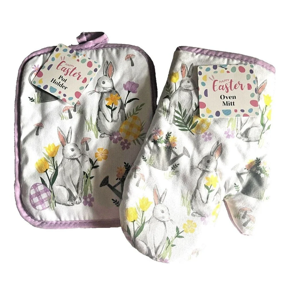 Easter Bunny Oven Mitt Potholder Set of 2 White Lavender Spring 100% Cotton